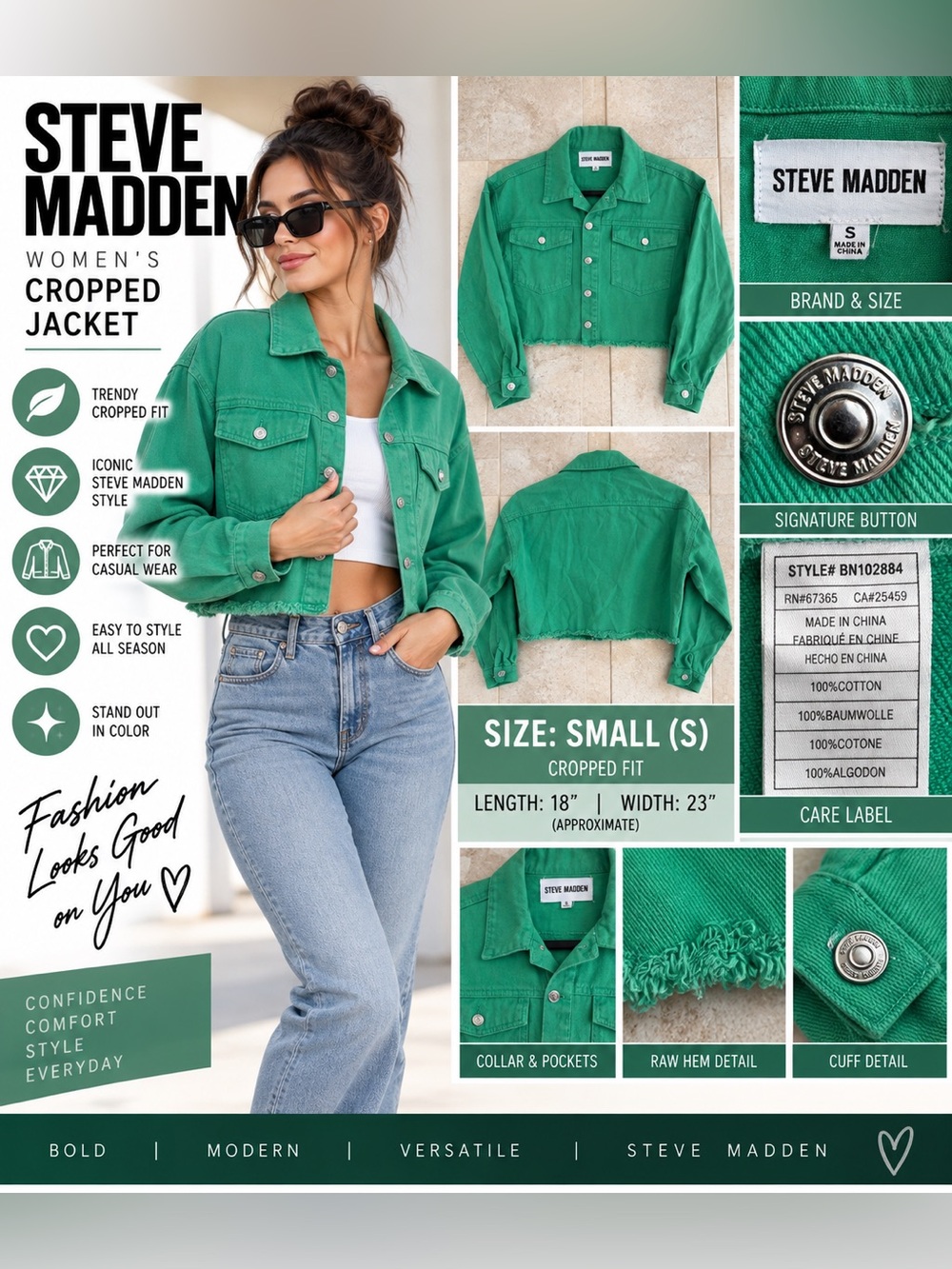 Steve Madden Women’s Small Green Cropped Cotton Jacket Raw Hem Button Front